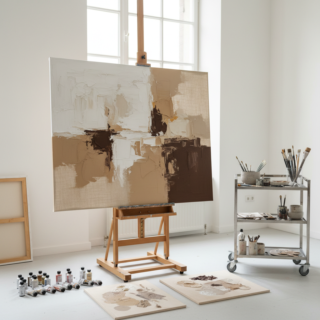 Inside a pristine white-walled art studio in Munich, a large unfinished abstract canvas rests on an easel, featuring emerging blocks of cream, sand, and deep umber, with areas of raw linen still visible. Thick, textured brushstrokes and palette-knife marks reveal the work in progress. Surrounding the easel are neatly arranged tubes of paint, mixing palettes with blended neutrals, and a stainless-steel trolley with brushes and tools. Soft north-facing window light provides even, diffused illumination, emphasizing the depth and texture of the paint without harsh shadows. Photographic realism, captured at three-quarter angle with the canvas as central focus and the tools slightly blurred. The mood is quietly industrious and refined, highlighting the artisanal process behind original abstract paintings for modern interiors.