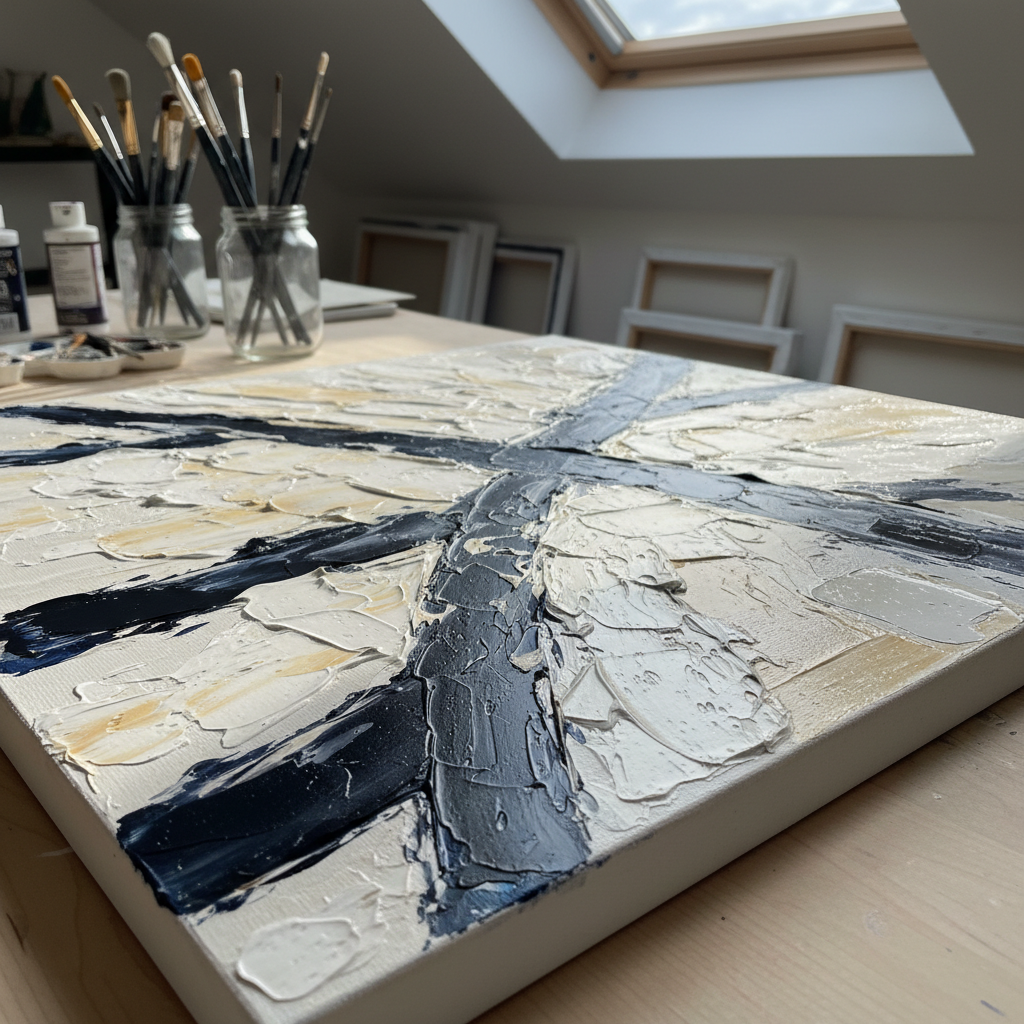A close-up, photographic detail of an abstract canvas laid on a clean studio table, showing thick, tactile layers of white, cream, and warm gray paint intersected by decisive charcoal and deep navy strokes. The surface reveals ridged brushwork, palette-knife sweeps, and tiny cracks in the dried paint, emphasizing craftsmanship and texture. Soft cool daylight from a studio skylight grazes the surface from the right, creating raking light that accentuates every ridge and groove. Background elements like blurred jars of brushes and neatly stacked canvases hint at a professional studio. Shot from a slightly angled top-down perspective, with shallow depth of field to keep the main section of texture in sharp focus. The atmosphere is refined, artistic, and focused on material quality.