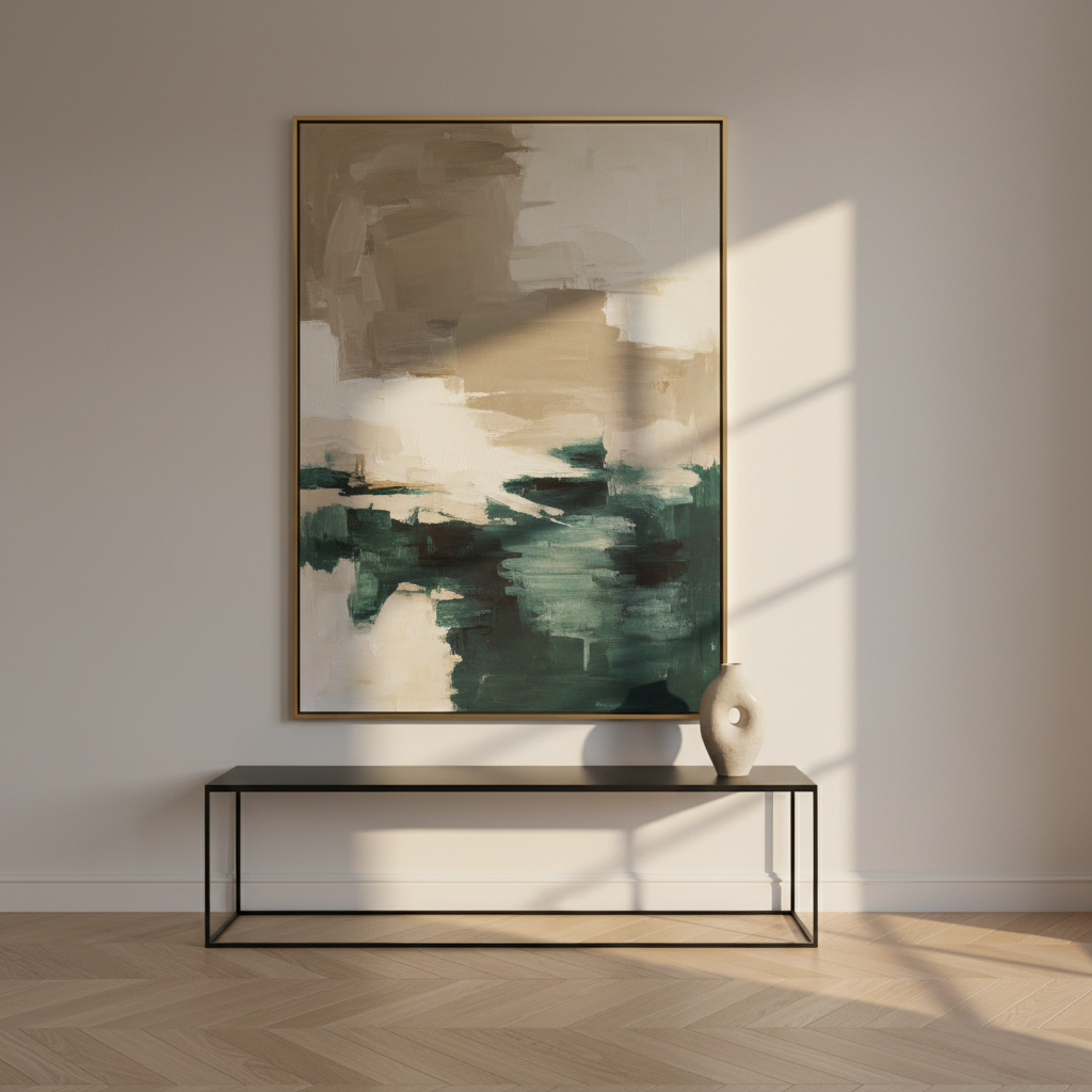 An elegantly styled living room corner featuring a tall vertical abstract painting in muted taupe, ivory, and deep forest green, with gestural brushstrokes and layered translucent glazes suggesting depth. The artwork is framed in a thin brushed brass frame and hangs above a slim black metal console with a single sculptural ceramic vase. The walls are matte off-white, and the floor is light oak herringbone. Late afternoon natural light streams through an unseen window, creating soft, elongated shadows and a warm glow on the textured canvas. Photographic realism, composed using the rule of thirds with the artwork as the focal point, moderate depth of field, and a calm, sophisticated mood suited to high-end modern interiors.