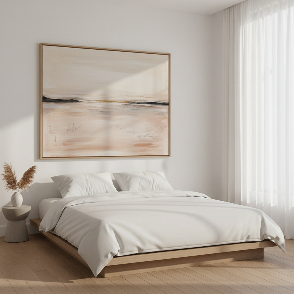 A minimalist bedroom with a low platform bed dressed in crisp white linen, anchored by a large horizontal abstract painting above the headboard. The artwork features broad, calm swaths of soft beige, warm gray, and hints of muted blush, with subtle scraped textures and delicate overlapping layers that give a sense of quiet movement. Natural morning light filters through sheer white curtains on the right, casting a gentle glow on the textured surface and faint shadows along the edges of the frame. Photographic realism from an eye-level perspective, with the composition slightly offset so the painting dominates the scene. The mood is serene, luxurious, and understated, highlighting how custom abstract art can bring warmth and elegance to a contemporary interior.