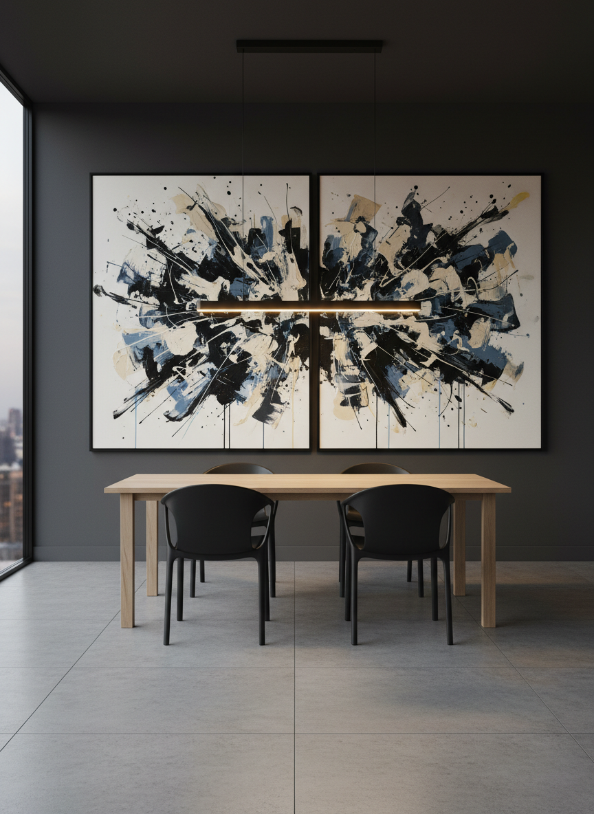 A dramatic, large-scale abstract diptych in bold black, ivory, and smoky blue hangs on a deep charcoal accent wall in a sleek urban dining space. Each canvas reveals expressive, sweeping gestures, splashes, and layered drips, with areas of matte and glossy paint catching the light differently. A minimal oak dining table and sculptural black chairs sit beneath a linear pendant light, whose warm glow brushes across the textured surfaces, creating luminous highlights in the thicker paint. Photographic realism, shot from a slightly elevated angle to show both the artwork and the setting, sharp focus throughout. The atmosphere is sophisticated, modern, and slightly edgy, conveying the impact of bespoke abstract pieces as statement artworks for contemporary interiors.