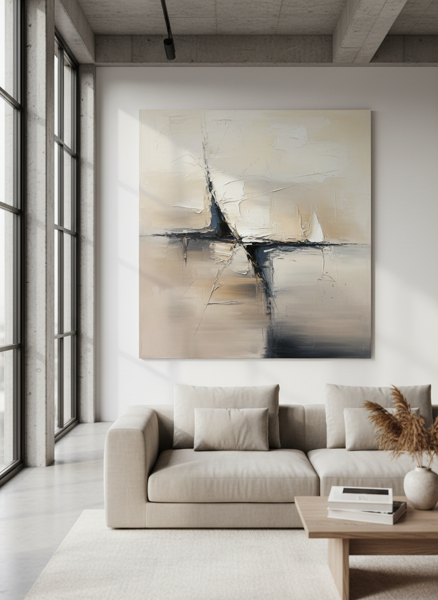 A large original abstract painting in soft neutrals and charcoal accents, with thick impasto brushstrokes and subtle palette-knife scratches, hangs above a low-profile beige linen sofa in a spacious modern Munich loft. The canvas shows layered geometric fields dissolving into hazy gradients, with visible texture catching the light. Floor-to-ceiling windows on the left let in diffused afternoon daylight, creating gentle highlights on the raised paint ridges and soft shadows on the wall. Photographic realism, shot at eye level with a slightly wide angle, sharp focus on the artwork and a mild blur on the surrounding furnishings. The mood is sophisticated, calm, and timeless, emphasizing how the abstract piece anchors the interior with quiet elegance.